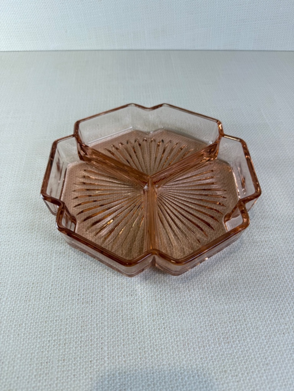 Pink Depression Glass 3-Section Divided Relish & Candy Dish — Starburst Pattern - Picture 2 of 10